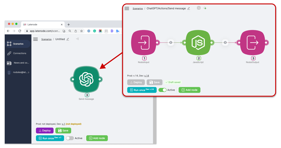 Captura de pantalla que muestra una acción "Enviar mensaje" dentro de un escenario de automatización Latenode , con NodulInput, procesamiento JavaScript y NodulOutput